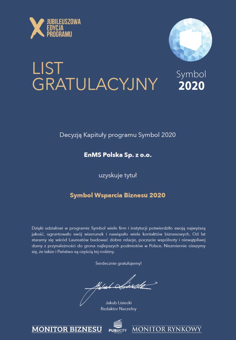 list gratulacyjny - enms polska - symbol wspracia biznesu 2020