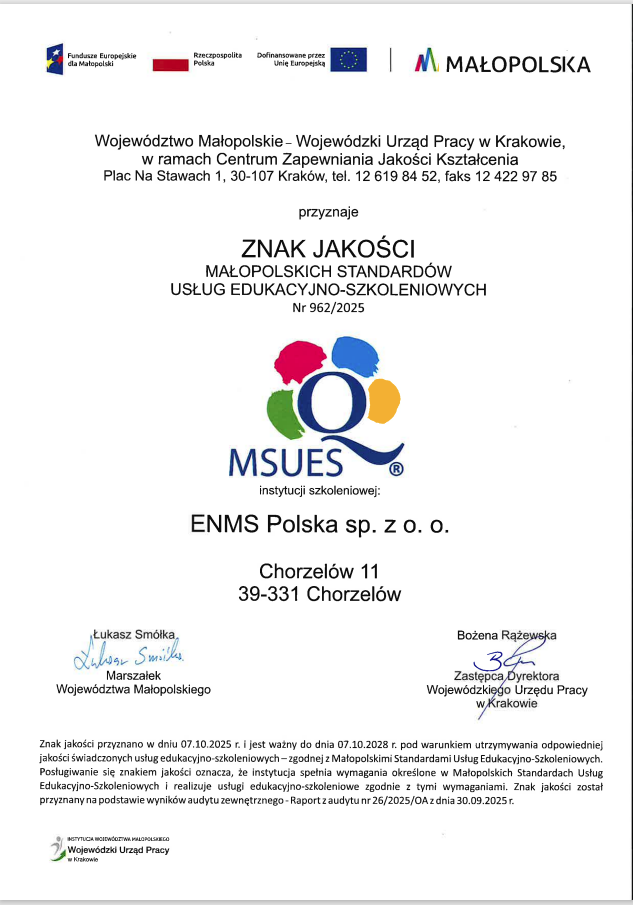Potwierdzenie jakości świadczonych usług doradczych i szkoleniowych